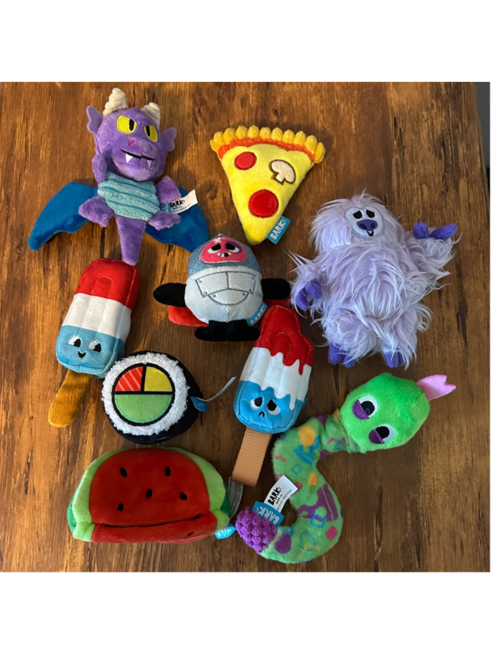 BARK BarkBox Dog Toy Lot 9 Plush Pizza Dragon Spaceship Sushi Watermelon